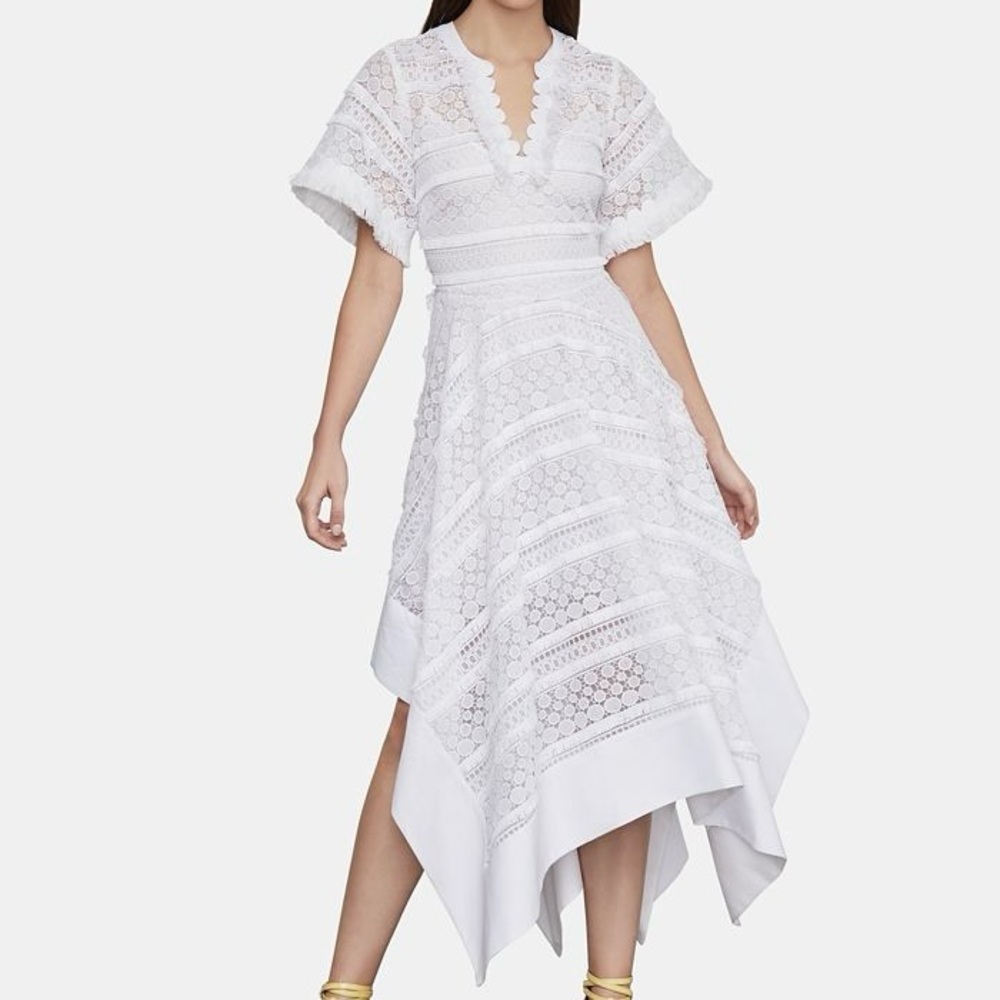 BCBGMAXAZRIA's White Short-Sleeve Lace Asymmetrical Dress Size 8